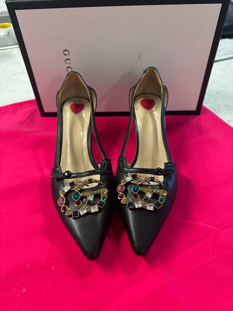 Gucci Black Pointed-Toe Slingback Heels With Multicolor Jewel Motif